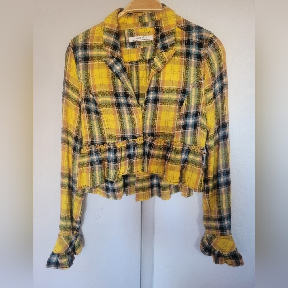 Free People we the Free Women's Rufled Up Plaid Shirt Jacket Size XS